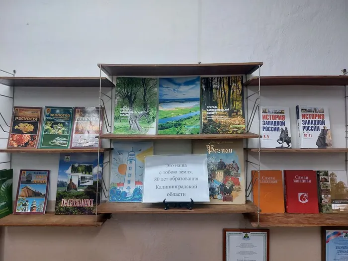 На фотографии книжная выставка Это наша с тобою земля. 80 лет образования Калининградской области